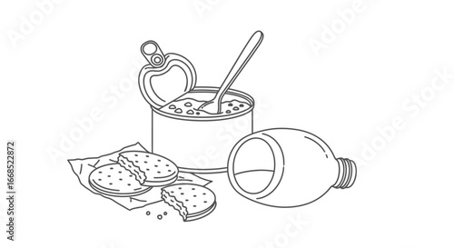 simple meal, canned food, biscuits, and empty bottle, line art illustration