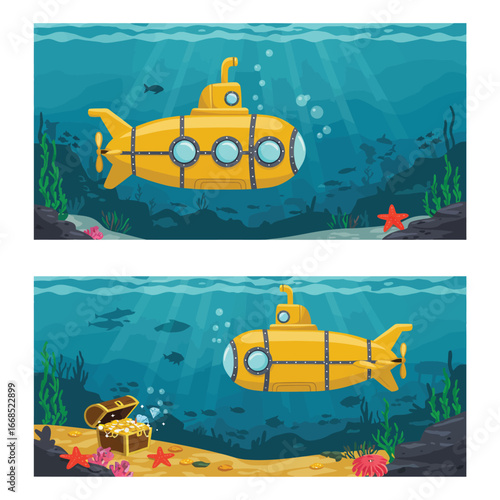 Yellow submarine underwater with fish and treasure in ocean scene