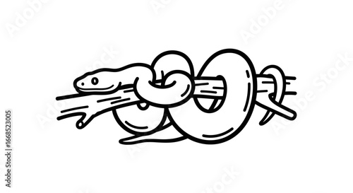 snake on branch black and white line art, reptile illustration, tattoo design