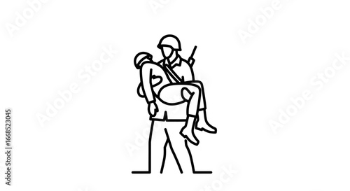 soldier carrying injured person line art illustration rescue, military, help, support