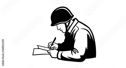 soldier writing letter military man in helmet composition note