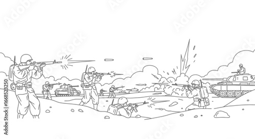 soldiers in combat intense war scene with tanks and explosions