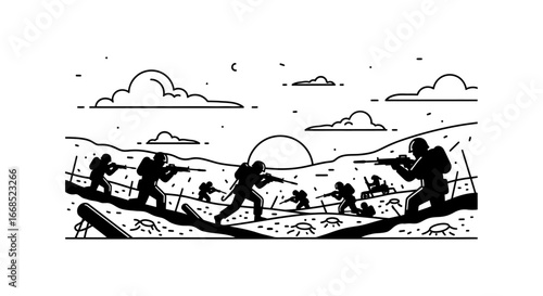 soldiers in trench warfare black and white line art illustration of a battlefield scene