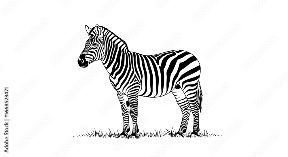 Obraz premium striped zebra in profile, african wildlife, elegant animal illustration, black and white, nature graphic