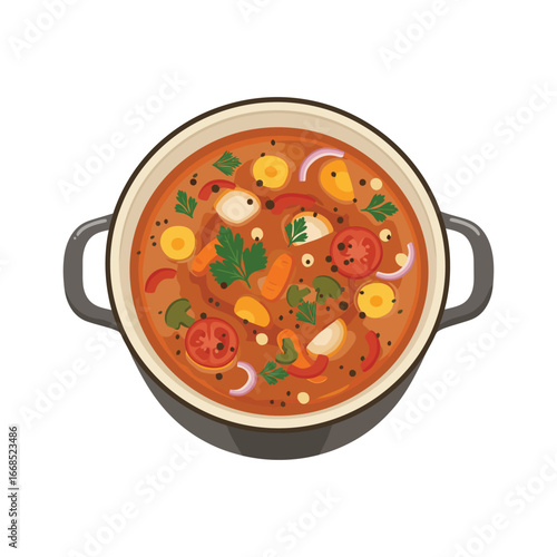 A bowl of vegetable soup with various ingredients in a pot