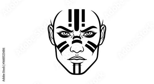 tribal woman face paint, fierce female portrait, black ink artwork, strong female, bald head tattoo