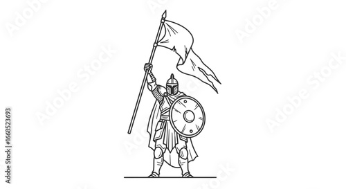 triumphant medieval knight, full armor, shield, and flag, line art illustration