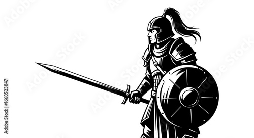 warrior woman, medieval knight, sword, shield, armor, combat, battle, fantasy, illustration