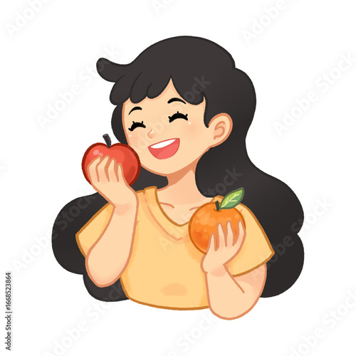 Smiling cartoon girl happily holding a red apple and an orange, promoting healthy eating and fresh fruit choices.