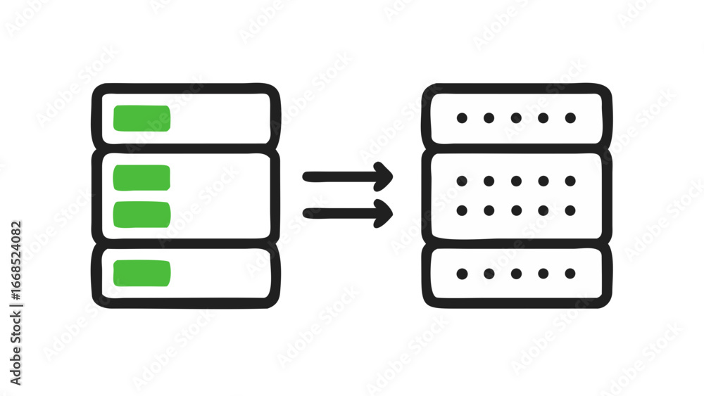 Database migration process illustrated with arrows showing data transfer between servers, a clear concept of data management