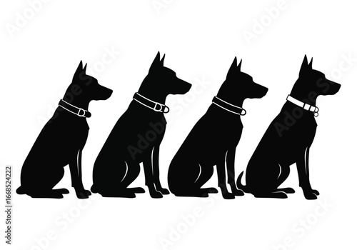 Vector illustration of four black silhouette dogs sitting attentively