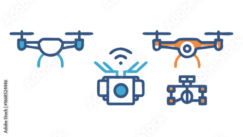 Drone icon set featuring various drone designs, camera, and remote control technology for aerial photography and surveillance