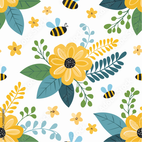 Busy honeybees collecting pollen from colorful flowers
4