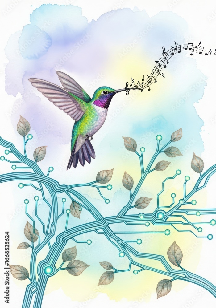 Obraz premium Watercolor hummingbird illustration with musical notes on white background