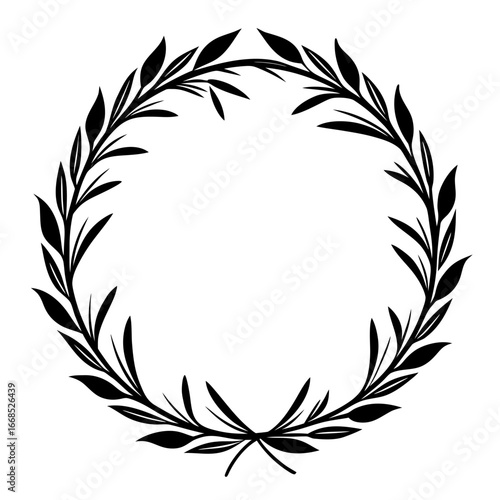 Black silhouette of a circular laurel wreath with leaves and a bow