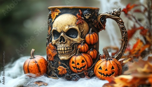 Spooky halloween mug with skull and pumpkins surrounded by autumn leaves creating a festive and eerie atmosphere