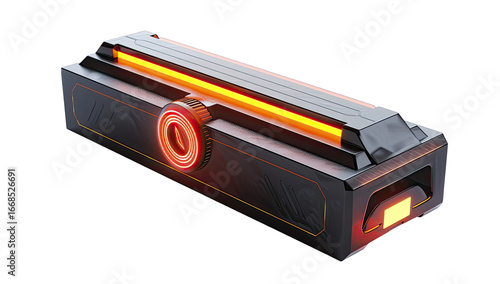 Futuristic rectangular device with glowing orange accents