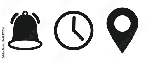 Minimal Black and White Glyph Icons of Time, Date, Calendar, Location and Notifications