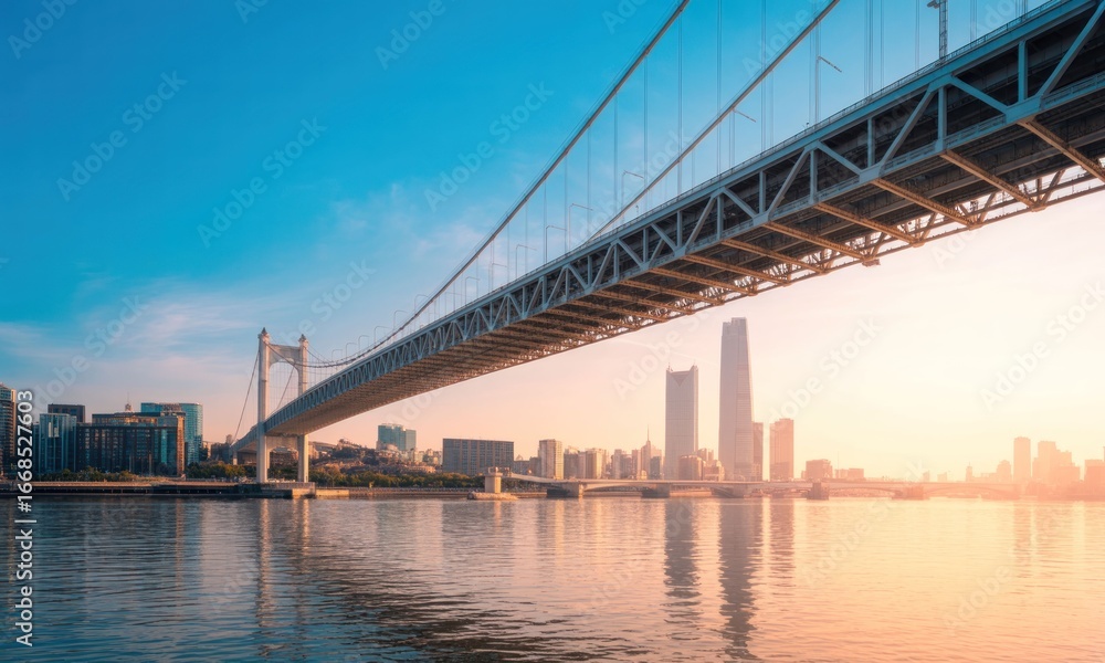 Fototapeta premium Modern bridge spanning city skyline at dawn