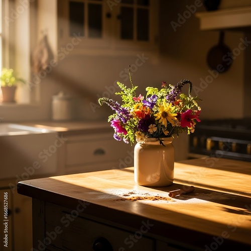 Colorful wildflowers in a rustic vase on a kitchen counter.