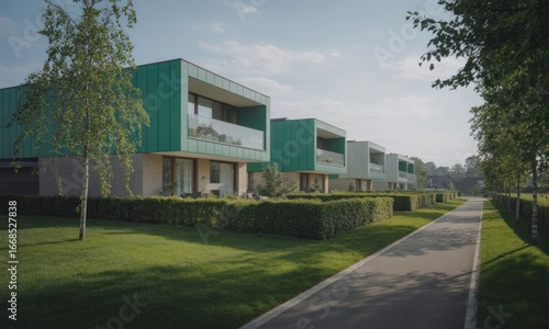 Modern townhouses with teal siding, manicured lawns, and a paved path