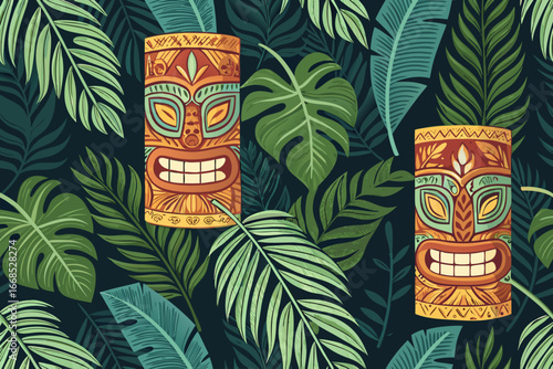 Elegant Seamless Bold Wallpaper With Tiki Mugs And Palm High-Quality Stock Image