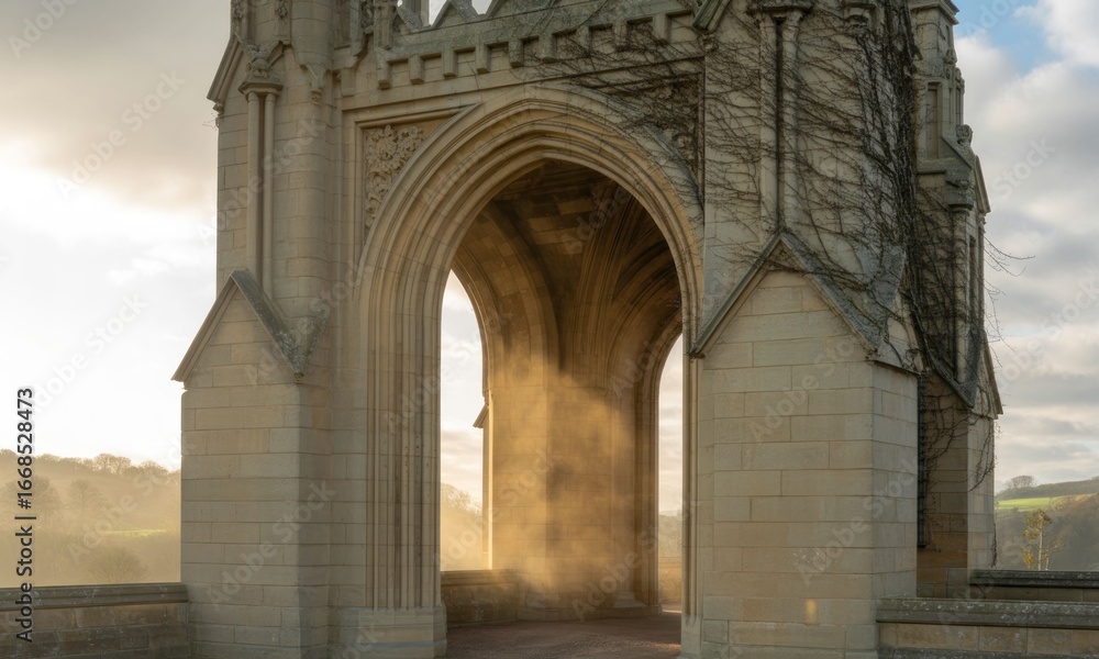 Fototapeta premium Stone archway monument, sunlit haze