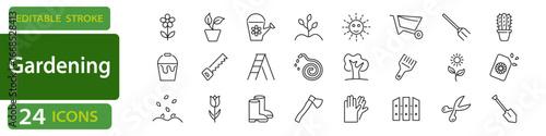 Gardening editable stroke icons set. For plants and outdoor tools design. Vector
