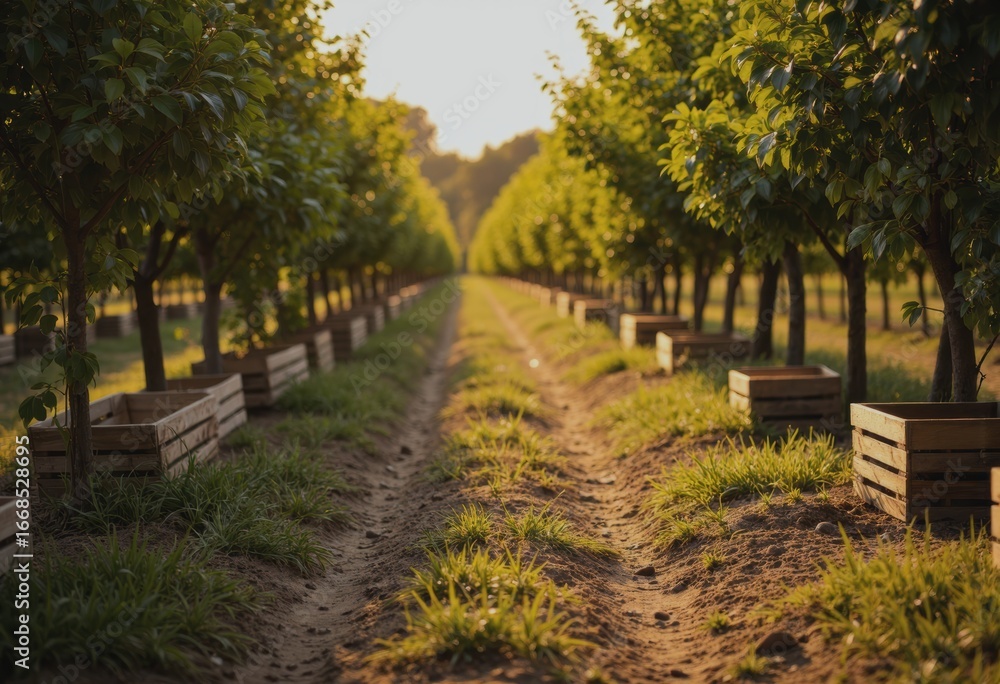 Fototapeta premium U-pick fruit orchard scene with a serene lane and stacked crates