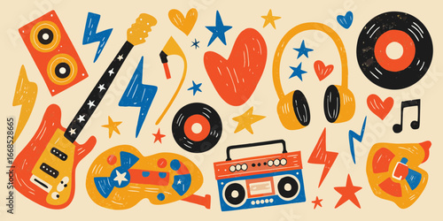 Retro Music Icons Collection Guitar Boombox Vinyl Records