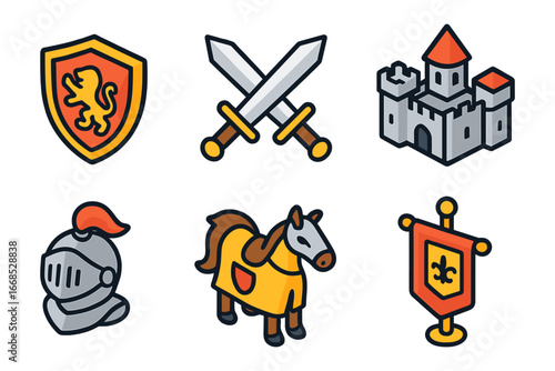 Colorful medieval knight icon set , shield, swords, castle, helmet, horse, banner