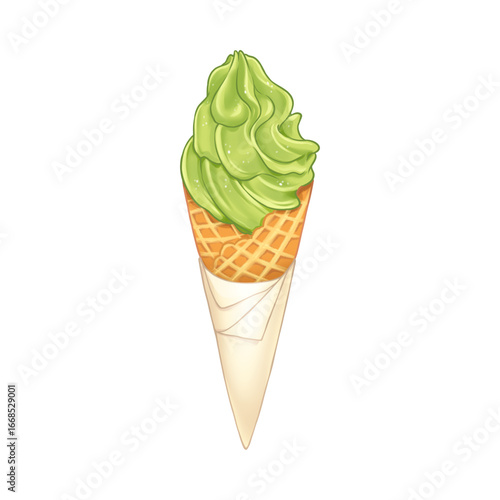 Hand-drawn illustration of a delicious and refreshing green tea matcha soft serve ice cream in a waffle cone