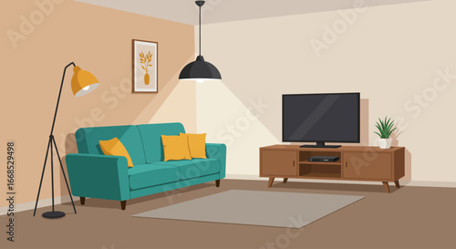 Bright Scandinavian living room with large window and modern furniture in vector art