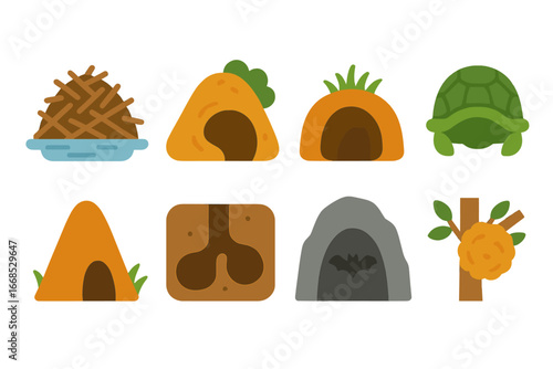 Animal Homes Grid. Flat vector mini-illustrations animal homes in colors children's illustrations: beaver lodge, fox den, rabbit