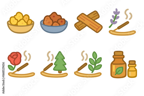 Aromatic Material Icons. Flat vector mini-illustrations aromatic materials in colors children's illustrations: frankincense resin,
