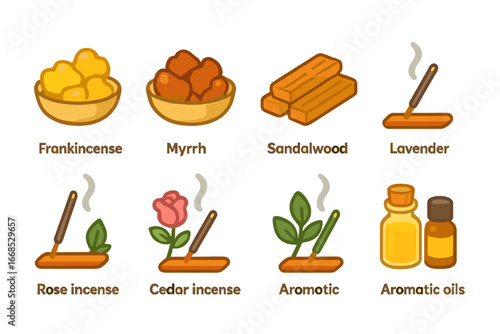 Aromatic Material Icons. Flat vector mini-illustrations aromatic materials in colors children's illustrations: frankincense resin,