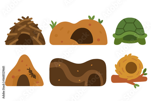 Animal Homes Grid. Flat vector mini-illustrations animal homes in colors children's illustrations: beaver lodge, fox den, rabbit