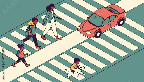 People crossing road on crosswalk, top view. Pedestrians in city street traffic from above. Group of citizens, kids, pets walking, going, hurrying on safety zebra overhead. Flat vector illustration
