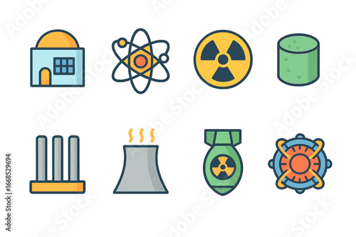 Atomic Energy Icons. Flat vector mini-illustrations atomic energy in colors children's illustrations: nuclear reactor, atom symbol
