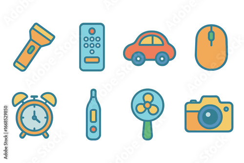 Battery Powered Gadgets. Flat vector mini-illustrations battery usage in colors children's illustrations: flashlight, remote