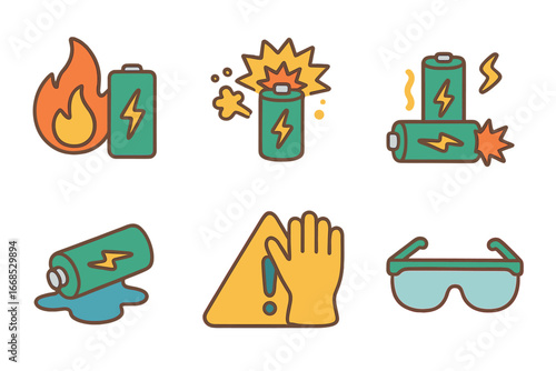 Battery Safety Icons. Flat vector mini-illustrations battery safety in colors children's illustrations: fire hazard, battery