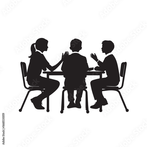 Vector art of silhouettes of three people sitting at a table in discussion