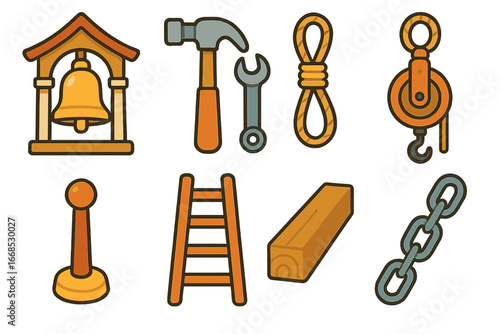 Bell Tower Tools. Flat vector mini-illustrations bell tower tools in colors children's illustrations: hammer, wrench, rope, pulley