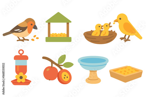 Bird Feeding Illustrations. Flat vector mini-illustrations bird feeding in colors children's illustrations: finch eating seeds,