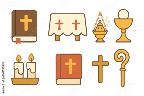 Bishop Ceremonial Icons. Flat vector mini-illustrations Bishop ceremonial objects in colors children's illustrations: holy bible,