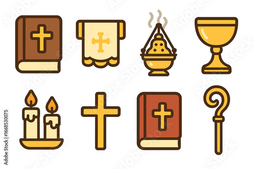 Bishop Ceremonial Icons. Flat vector mini-illustrations Bishop ceremonial objects in colors children's illustrations: holy bible,
