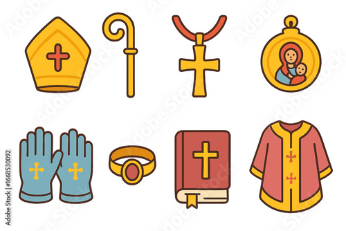 Bishop's Symbols Icons. Flat vector mini-illustrations Bishop’s symbols in colors children's illustrations: mitre, crozier,