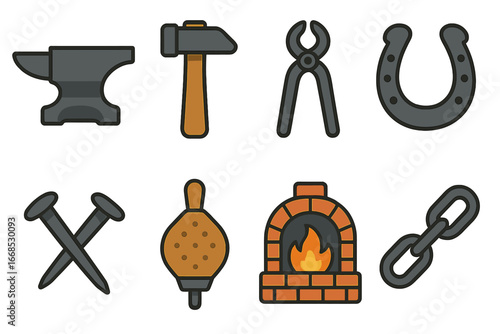 Blacksmith Tools Icons. Flat vector mini-illustrations iron blacksmith workshop in colors children's illustrations: iron anvil,