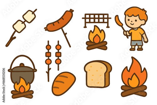 Campfire Snack Icons. Flat vector mini-illustrations campfire food in colors children's illustrations: marshmallows, hot dogs,