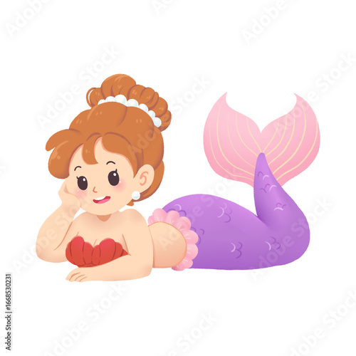 Charming cartoon mermaid with a purple tail and red seashell top, lying down and smiling. A cute fantasy character illustration isolated on a white background